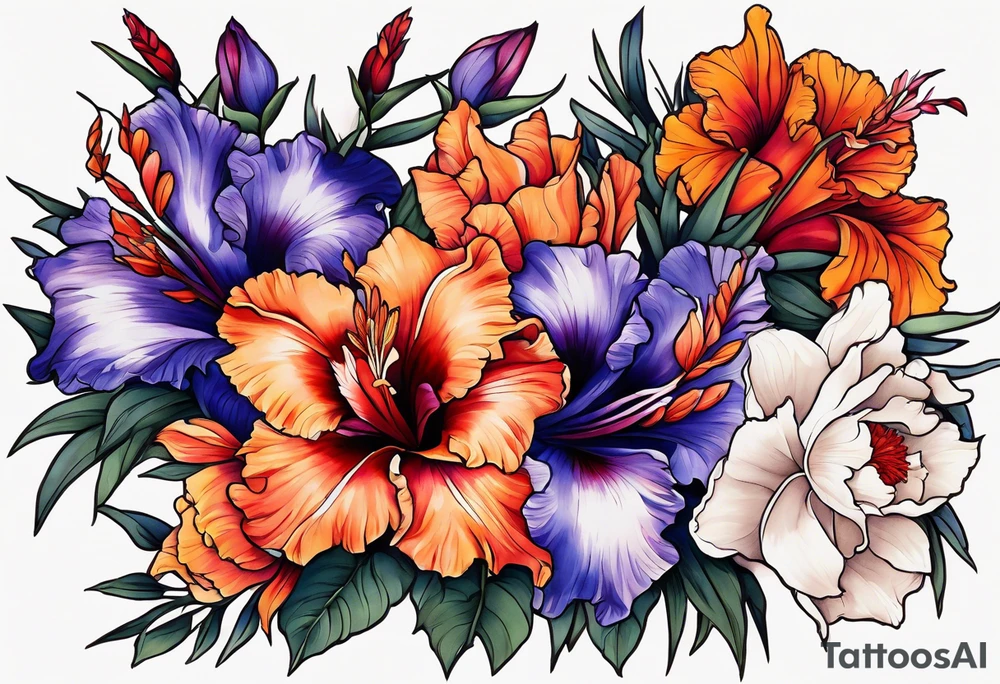 floral tattoo of purple gladiolus flowers, pink peonies, red hawthorns, orange marigold, navy blue sweet peas, and white paper white narcissus tattoo idea