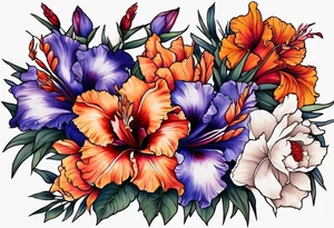 floral tattoo of purple gladiolus flowers, pink peonies, red hawthorns, orange marigold, navy blue sweet peas, and white paper white narcissus tattoo idea
