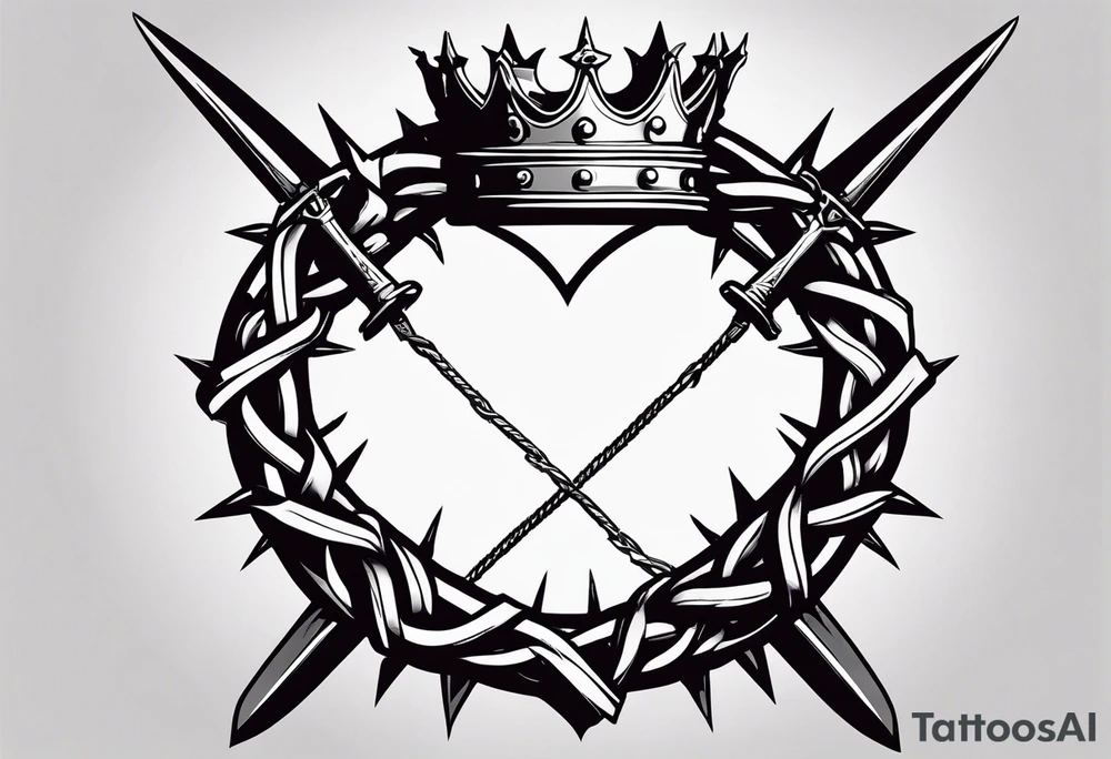 A simple design of a crown of thorns resting on the guard of a sword that is piercing a heart tattoo idea