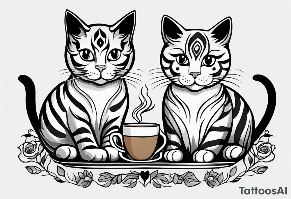 2 Coffee drinking Cats. One is black with white paws and a white tail tip. The other one is black and gray, classic tiger pattern. It should Look really french.
The cats are drinking coffee in a french bistro. They should wear barrets and there should be a baguette somewhere. tattoo idea