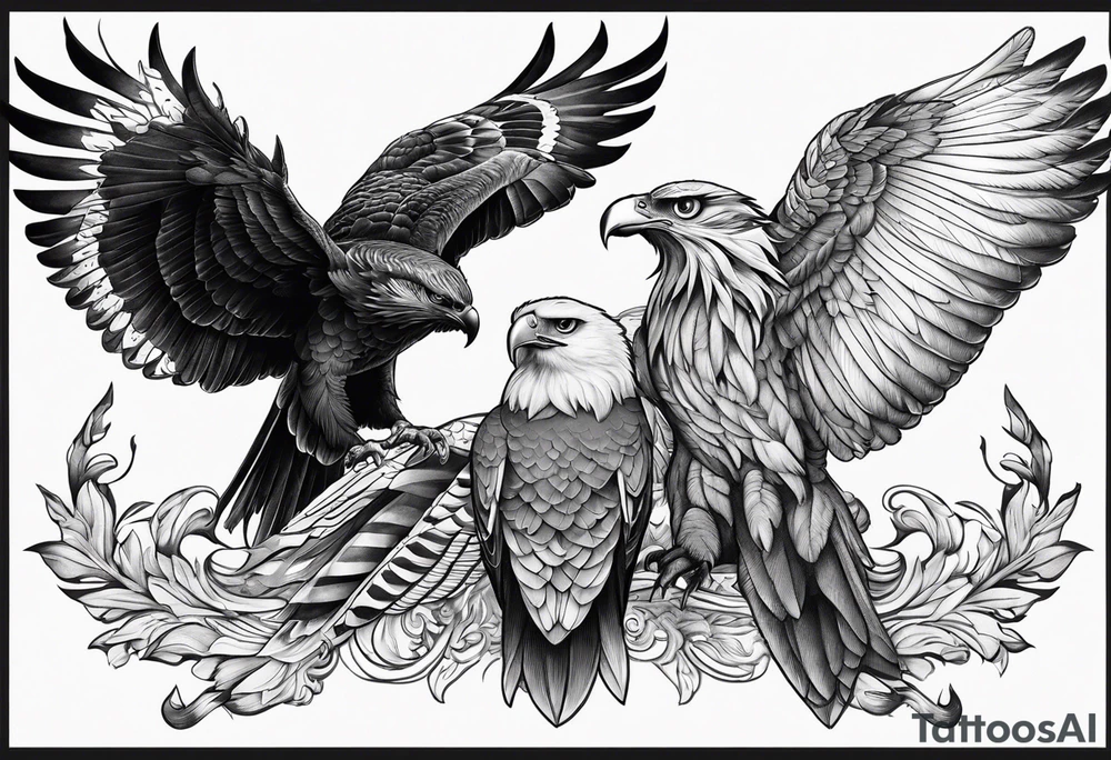 Phoenix with eagle, deer and owl shadowing in the left wing and tiger and raven shadowing in the right wing tattoo idea