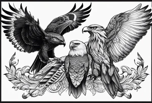 Phoenix with eagle, deer and owl shadowing in the left wing and tiger and raven shadowing in the right wing tattoo idea