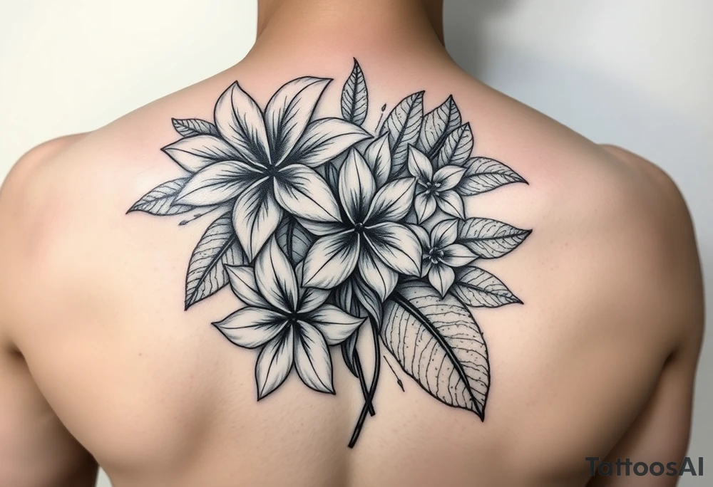 Beautiful, feminine, complex, detailed shading and cohesive mixture of the following: sampugita flowers, anahaw leaves (Livistona rotundifolia), ylang ylang, tropical foliage tattoo idea