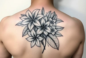 Beautiful, feminine, complex, detailed shading and cohesive mixture of the following: sampugita flowers, anahaw leaves (Livistona rotundifolia), ylang ylang, tropical foliage tattoo idea