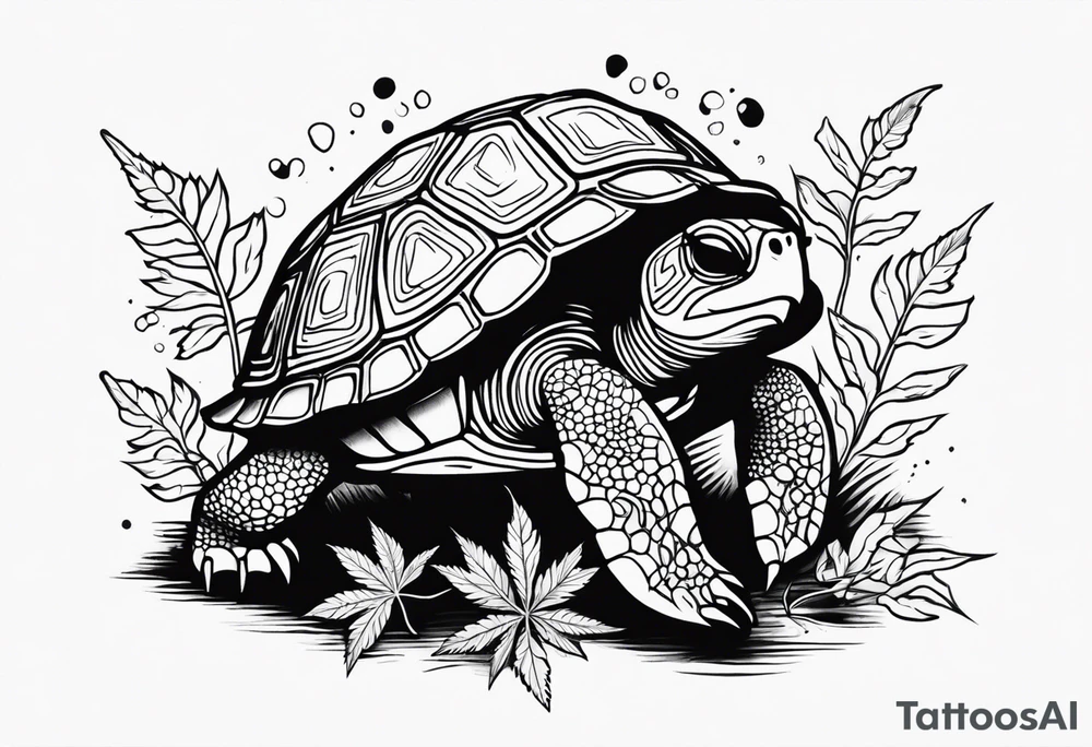 Turtle eating magic mushroom on a marijuana leaf tattoo idea