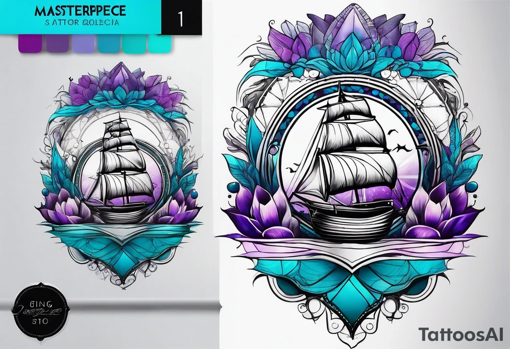 Ampulheta astrológica com detalhes geométricos e uma areia colorida em tons degradê de azul, turquesa e violeta tattoo idea