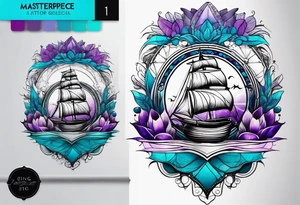 Ampulheta astrológica com detalhes geométricos e uma areia colorida em tons degradê de azul, turquesa e violeta tattoo idea