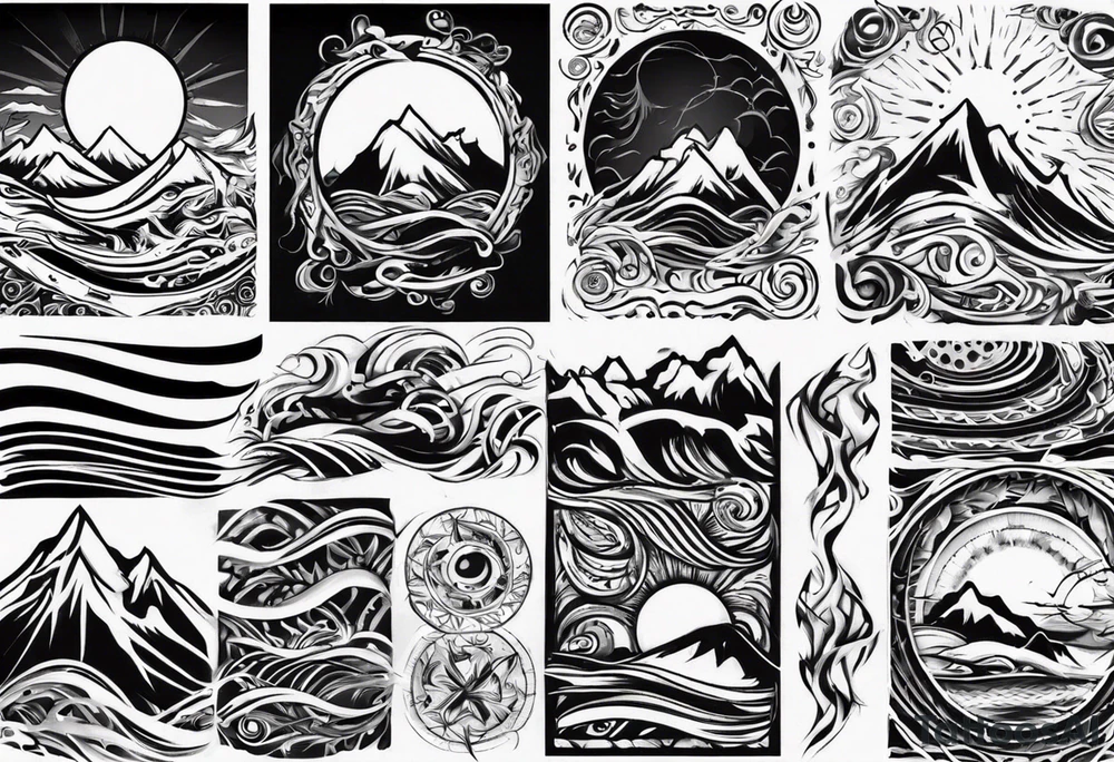 sleeve, mountains, waves, sun tattoo idea