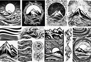 sleeve, mountains, waves, sun tattoo idea