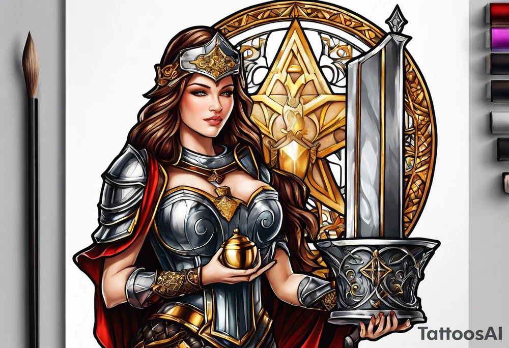 Female saint in armor holding a chalice tattoo idea