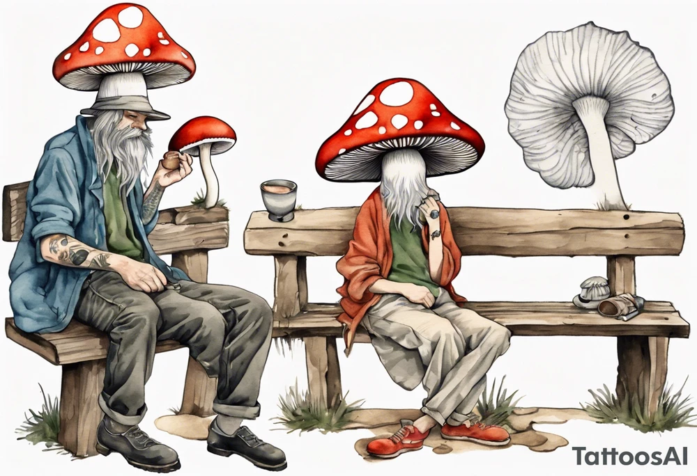 a mushroom Gwyllion
wearing a mushroom hat sitting on a bench by a fireplace drinking from a wood cup, laughing tattoo idea