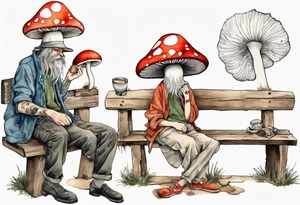 a mushroom Gwyllion
wearing a mushroom hat sitting on a bench by a fireplace drinking from a wood cup, laughing tattoo idea