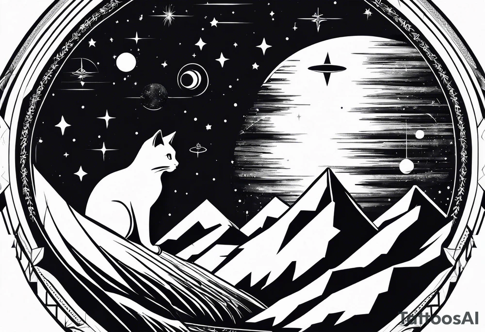 geometric mountain, space, cat in rocket tattoo idea geometric mountain, space, cat in rocket tattoo idea