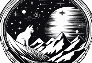geometric mountain, space, cat in rocket tattoo idea
