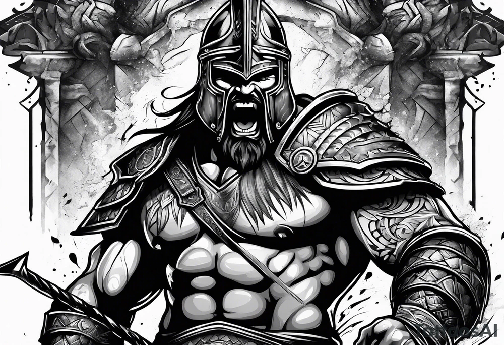 Ripped angry gladiator with axe tattoo idea