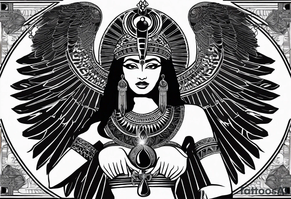 black and white Egyptian goddess Isis, who is often depicted as a woman with outstretched wings, holding an ankh (a symbol of life) in one hand and a lotus flower in the other. Her headdress often includes a throne or a solar disk. The tattoo design can vary in style and size, but it typically aims to capture the essence of this revered Egyptian deity, emphasizing her beauty, power, and maternal qualities. The choice of colors and additional elements can also be customized to create a unique and visually striking representation of the goddess Isis tattoo idea