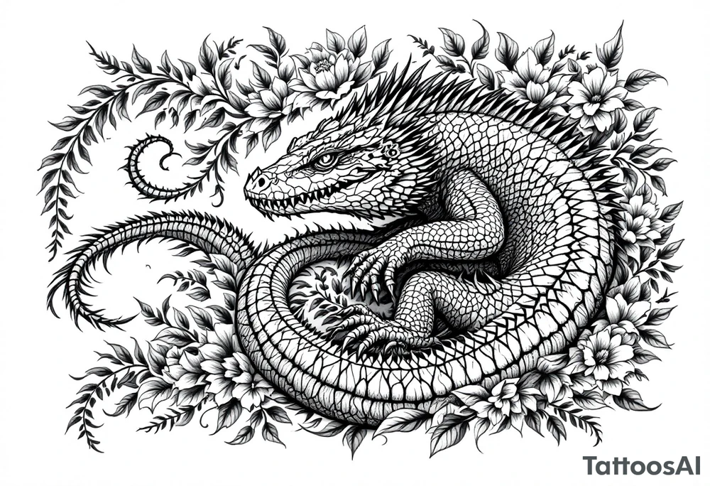 powerful big reptile, surrounded by floral ornaments tattoo idea