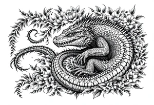 powerful big reptile, surrounded by floral ornaments tattoo idea