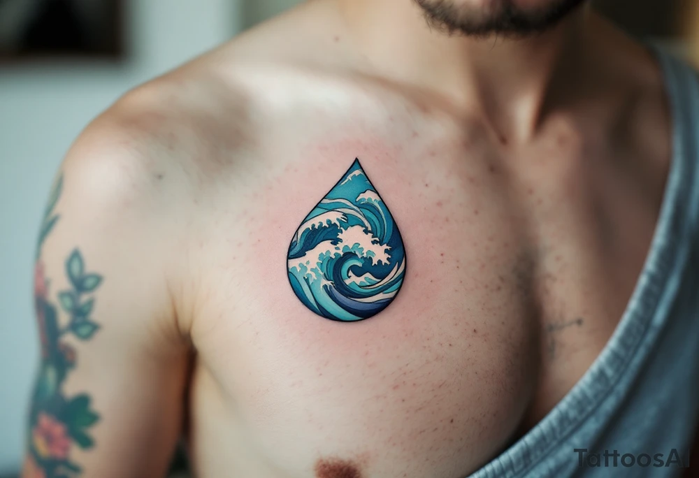 A teardrop shape filled with abstract, flowing waves in shades of turquoise, ocean blue, and soft white highlights. The design represents emotional depth and fluidity, with the colors symbolizing calm, peace, and emotional release. tattoo idea