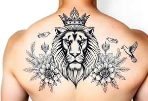 powerful majestic lion with a crown, surrounded by floral ornaments and birds tattoo idea