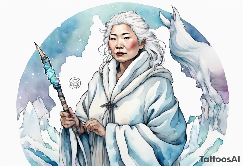 a 40 year old Inuit woman with white hair and a white robe holding a wand made from a unicorn horn, standing on an iceberg tattoo idea
