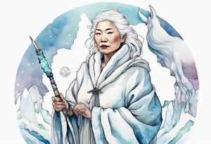 a 40 year old Inuit woman with white hair and a white robe holding a wand made from a unicorn horn, standing on an iceberg tattoo idea