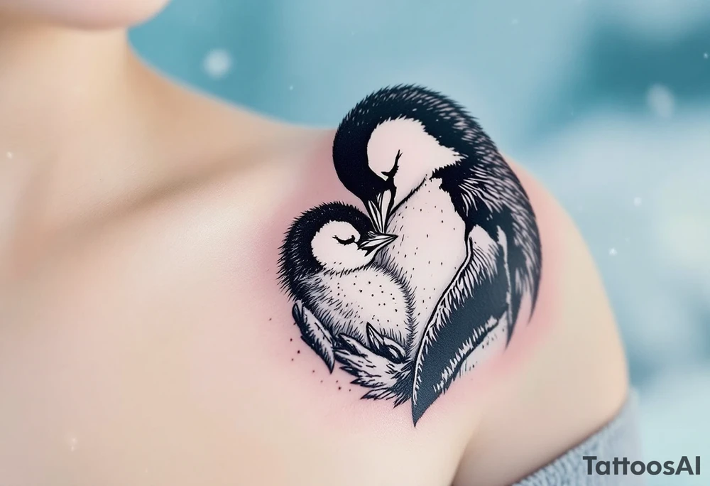 A penguin mother in black and white cuddling her chick in a snowy blue background shows warmth and constant presence. tattoo idea
