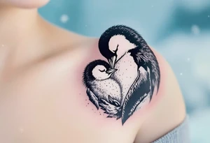 A penguin mother in black and white cuddling her chick in a snowy blue background shows warmth and constant presence. tattoo idea