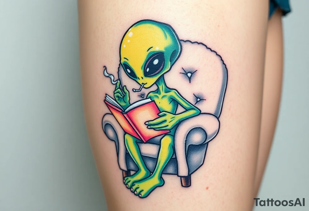 Alien with house slippers, reading a book, while smoking and sitting in a fluffy chair tattoo idea