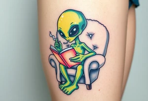 Alien with house slippers, reading a book, while smoking and sitting in a fluffy chair tattoo idea