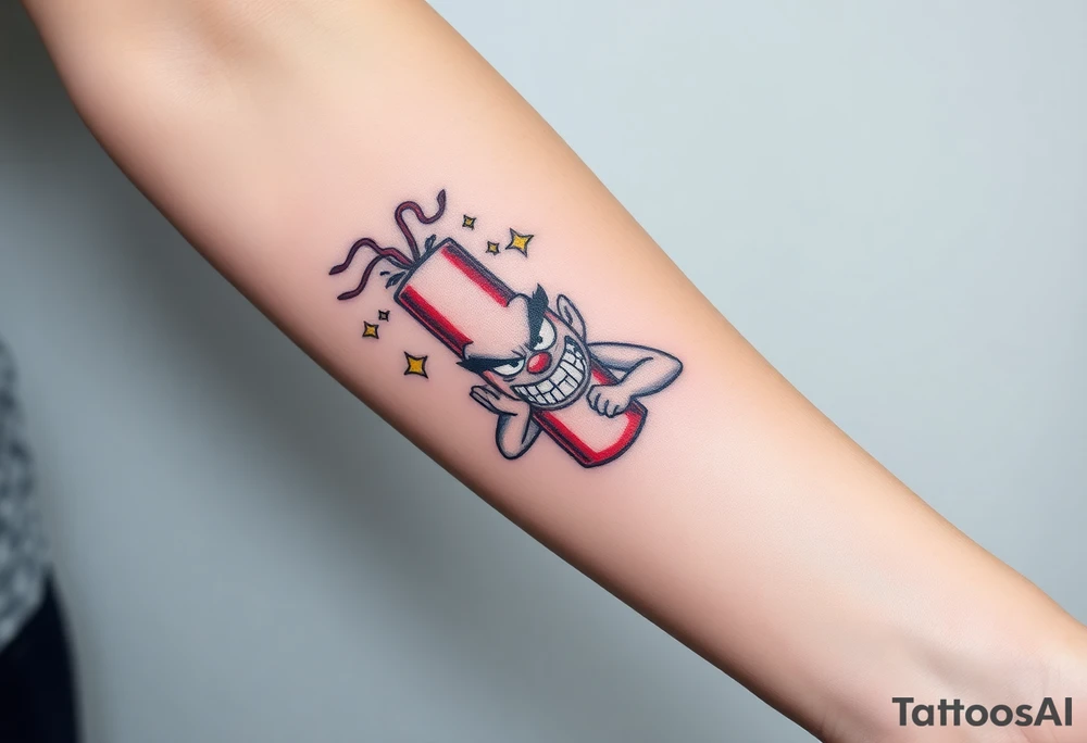 angry stick of dynamite with a mean face and muscles exploding tattoo idea