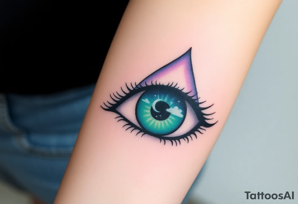 Large outline of an eye shaped like an almond with eye colored greenish blue with long pretty black eyelashes + eyeball shaped like a spade symol  + a crescent moon stars and clouds inside of the eyeball only + using vivid colors like blue green purple light blue light green light purple tattoo idea