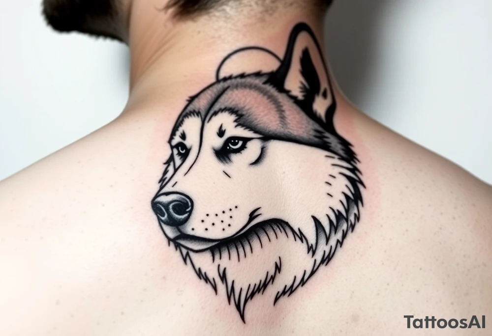 make a small tattoo of the face of a husky white with brown looking at the moon tattoo idea