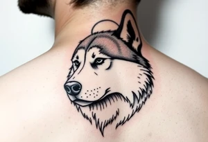 make a small tattoo of the face of a husky white with brown looking at the moon tattoo idea