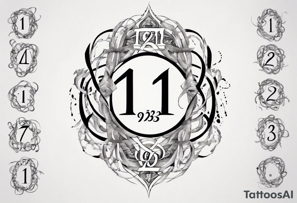 infinity symbol made up of the numbers 11-19-23 and the word Χαρά tattoo idea