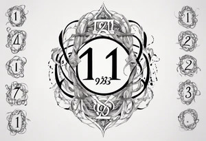 infinity symbol made up of the numbers 11-19-23 and the word Χαρά tattoo idea