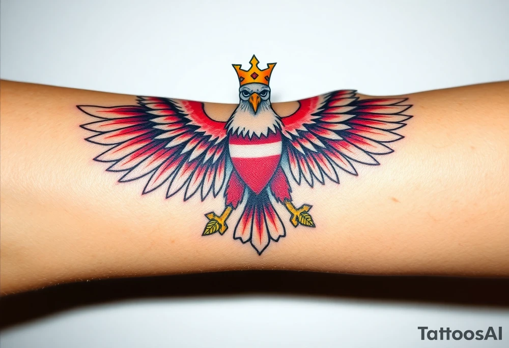A fierce red and white Moravian eagle, wings spread wide with golden crown on its head with arrows and laurels at its feet tattoo idea