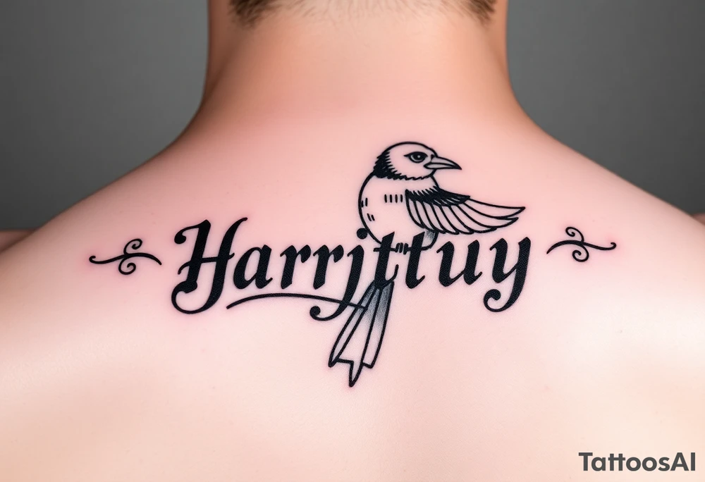 Zodiac Sagittarius signs of both individuals as a couple names being Harley and Guy bird combined lettering meaning Harley bird tattoo idea