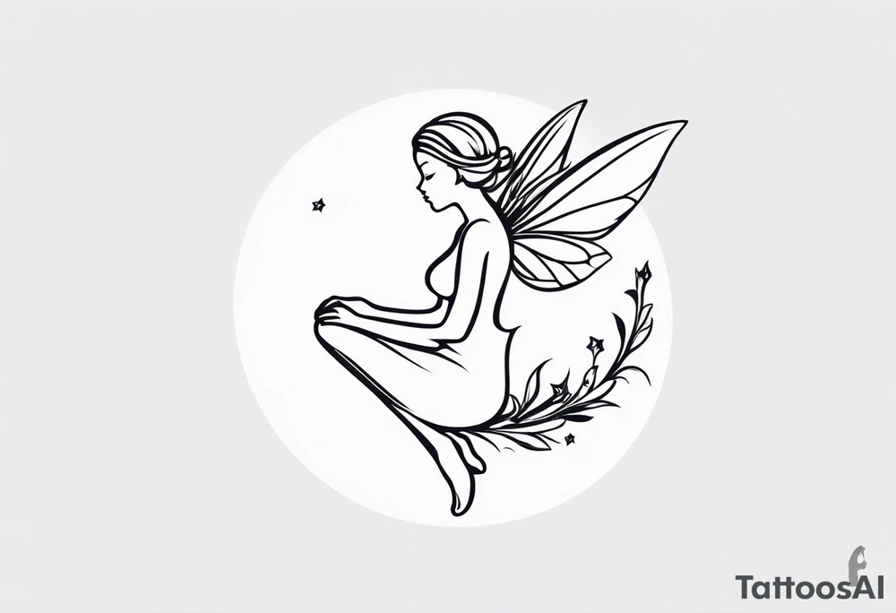 Minimalistic, monochromatic fairy with a tail flying to the left in a fetal position, leaning and looking in the same direction, with visible hands, embodying the 'Fairy Tail' logo aesthetic. tattoo idea