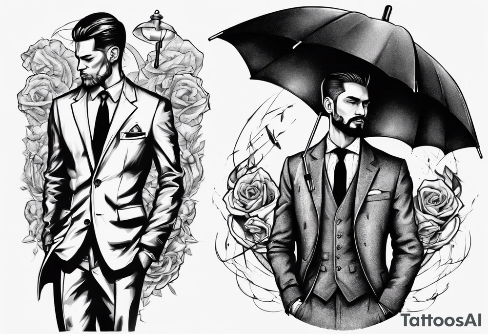A man wearing a suit and an overcoat holding an umbrella tattoo idea
