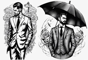 A man wearing a suit and an overcoat holding an umbrella tattoo idea
