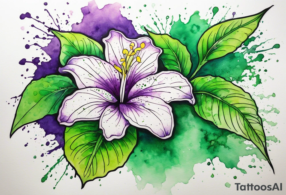 An outline of a green rio dipladenia flower and a green/purple watercolor splatter in the background tattoo idea