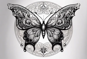 Delicate butterfly design with one wing embodying air and earth, the other wing symbolizing fire and water, with a soft yin-yang symbol subtly woven into the center for balance and harmony. tattoo idea