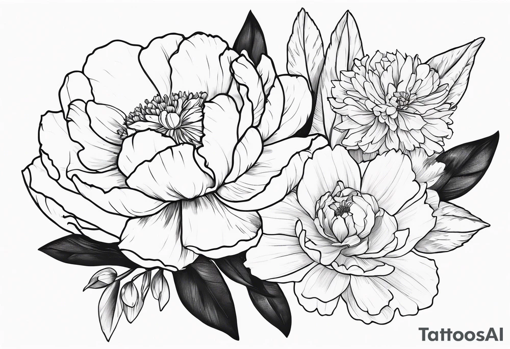 cohesive tattoo design with 8 flowers: peony, carnation, daffodil, daphne, dahlia, desiree, daisy and rose and label the flower name tattoo idea