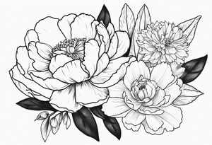 cohesive tattoo design with 8 flowers: peony, carnation, daffodil, daphne, dahlia, desiree, daisy and rose and label the flower name tattoo idea