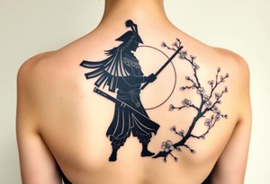 noble samurai warrior silhouette at sunset with cherry blossoms tattoo idea