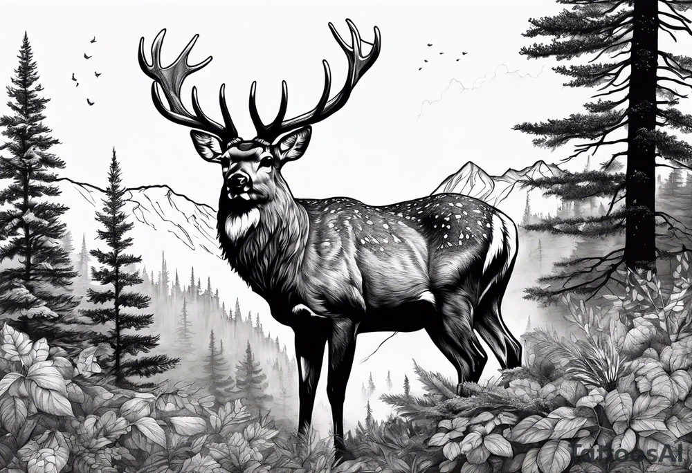 deer head mountain forest tattoo idea