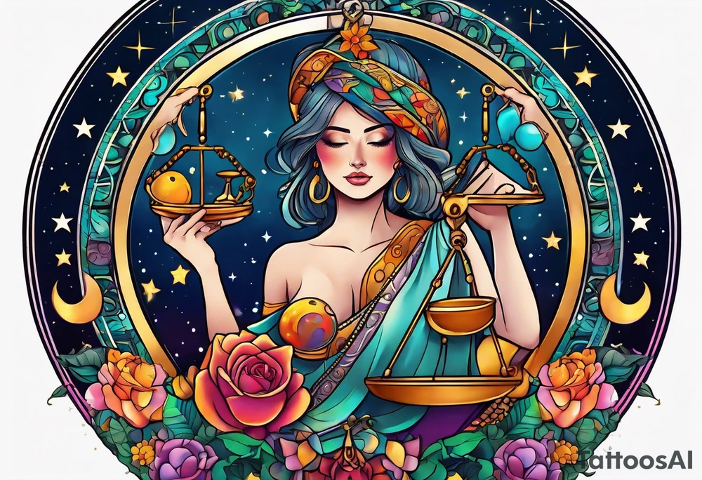 Libra woman holding scales with a night zodiac background including a half moon that encircles half of the woman with vibrant colors tattoo idea