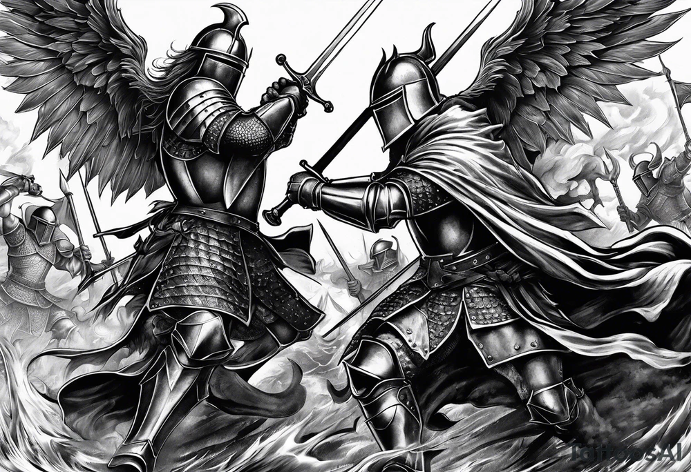 English knights battling the devil tattoo idea