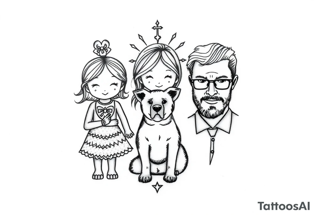 A tattoo that symbolizes three children using symbols, not people, a dog and a husband using dainty symbols and a fine line tattoo tattoo idea